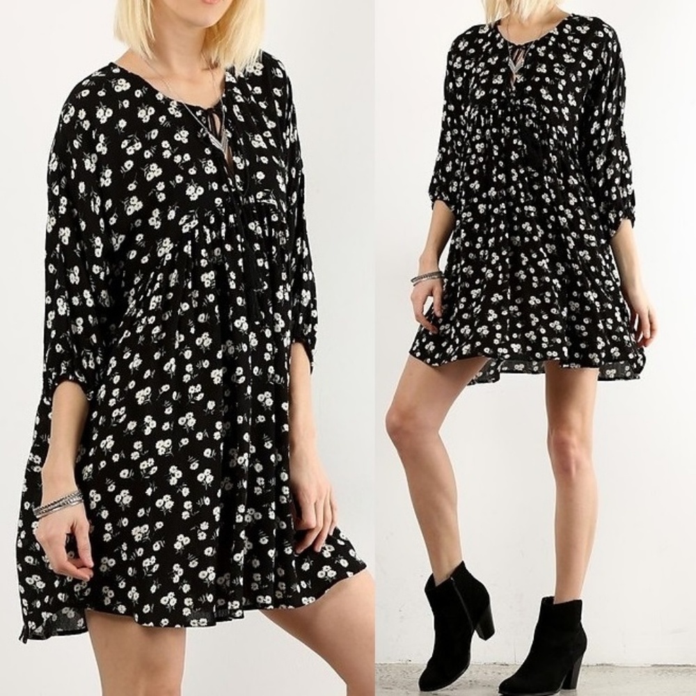 Bohemian Floral Crinkle Tassel Empire Tunic Dress